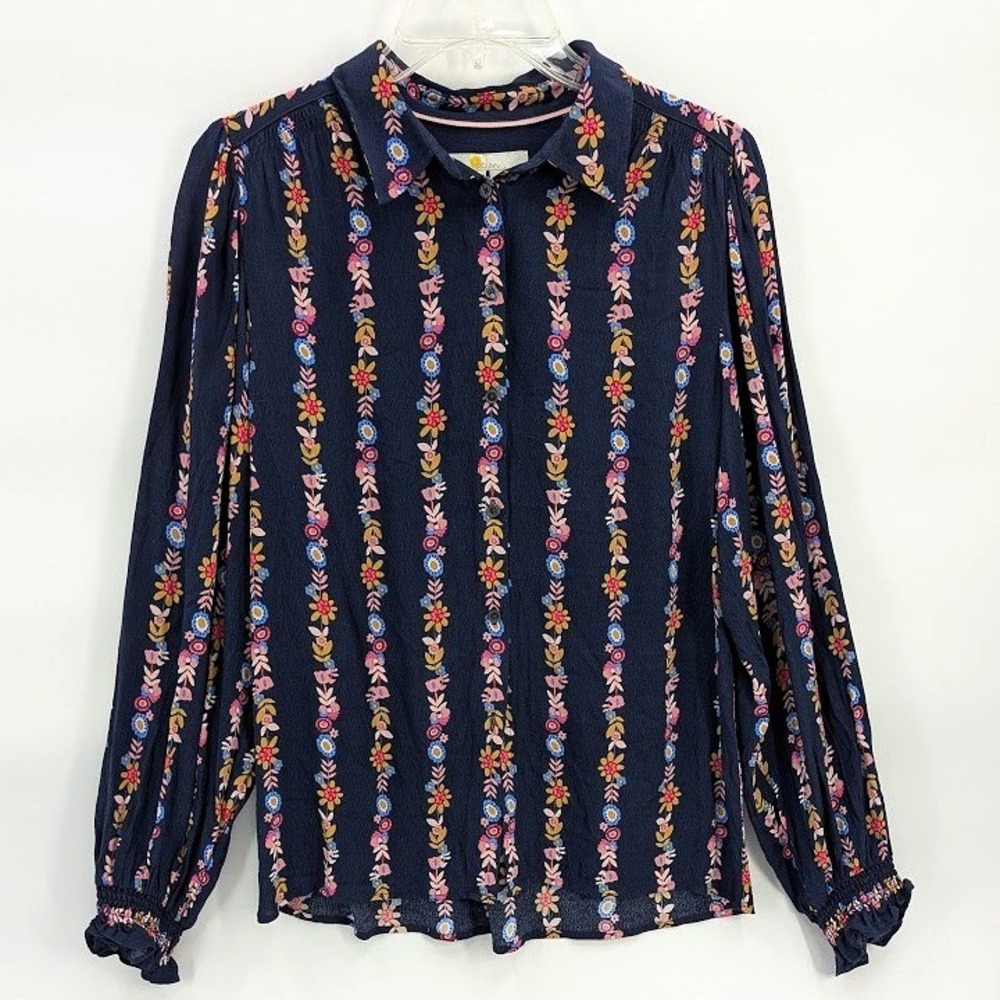 Boden Floral Stripe Blouse Shirt Women 4 Navy Button Down Smocked Botanical